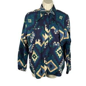 Vintage Roper Western Shirt Women 11/12 Navy Green Aztec Cotton Made in USA